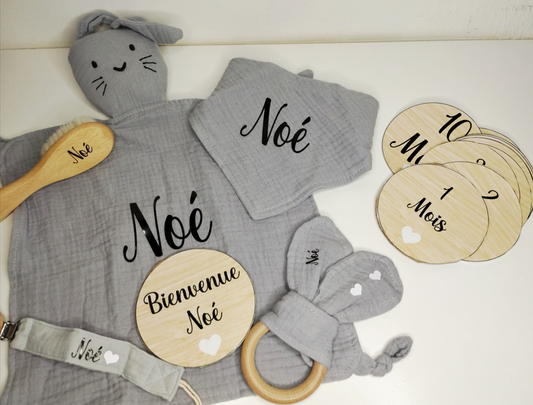 Coffret Cadeau de Naissance Personnalisé – Doudou, Hochet, Attache Tétine